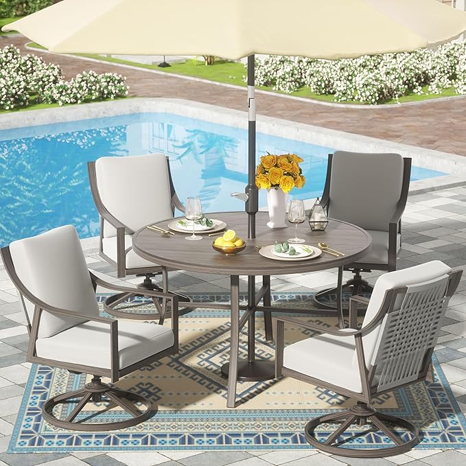 NATURAL EXPRESSIONS 5-Piece Outdoor Patio Dining Set, 4pcs Patio Swivel Rocking Chairs and 38’’ Round Dining Table with 1.65’’ Umbrella Hole image 1