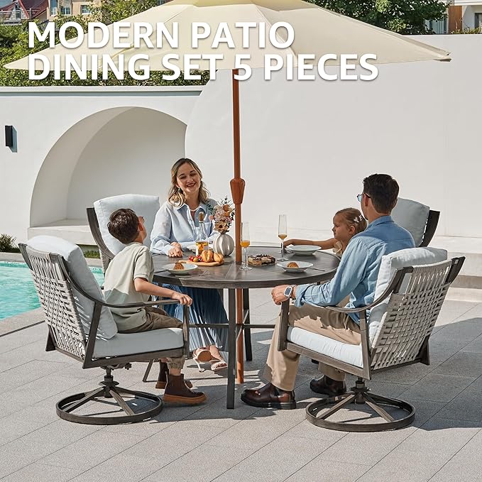 NATURAL EXPRESSIONS 5-Piece Outdoor Patio Dining Set, 4pcs Patio Swivel Rocking Chairs and 38’’ Round Dining Table with 1.65’’ Umbrella Hole image 2