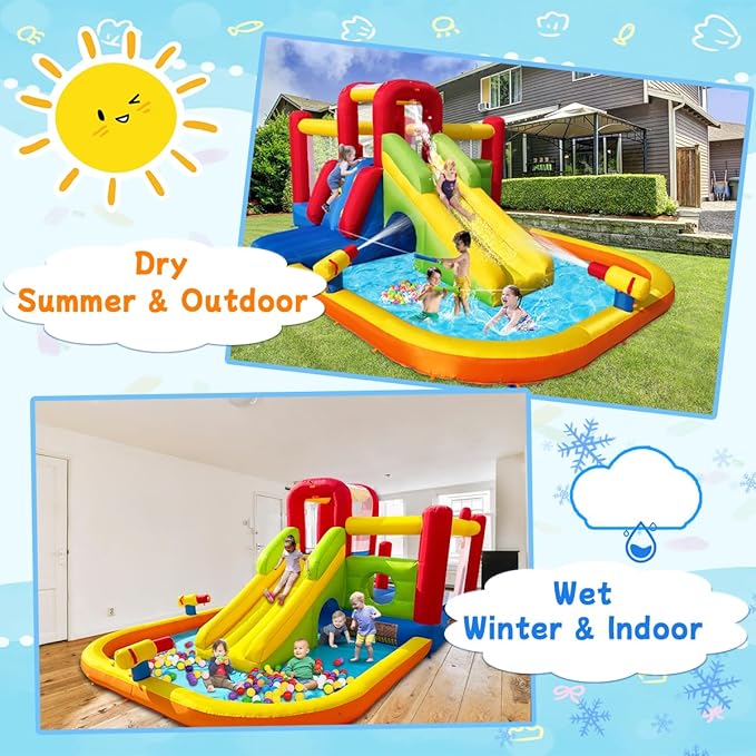 Bounce House Inflatable Water Slide for Kids, Water Park With Splash Pool, Double Cannon, 2 Climbing Walls, Obstacles, Blow Up Jumping Castle With Blower image 3