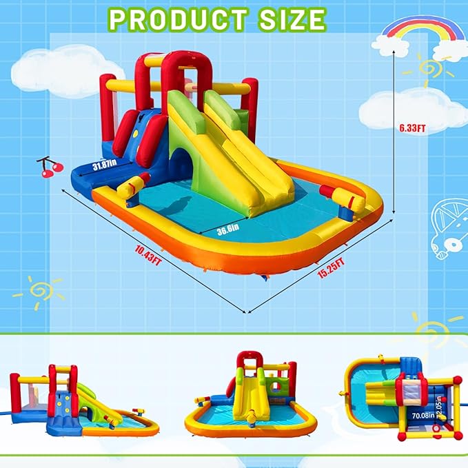 Bounce House Inflatable Water Slide for Kids, Water Park With Splash Pool, Double Cannon, 2 Climbing Walls, Obstacles, Blow Up Jumping Castle With Blower image 6