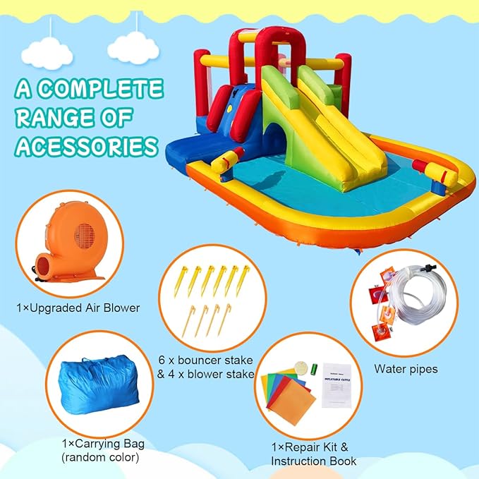 Bounce House Inflatable Water Slide for Kids, Water Park With Splash Pool, Double Cannon, 2 Climbing Walls, Obstacles, Blow Up Jumping Castle With Blower image 7
