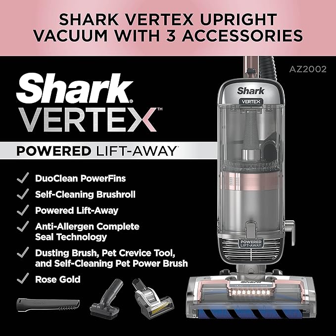 Shark AZ2002 Vertex Powered Lift-Away Upright Vacuum with DuoClean PowerFins, Self-Cleaning Brushroll, Large Dust Cup, Pet Crevice Tool, Dusting Brush & Power Brush, Silver/Rose Gold image 4