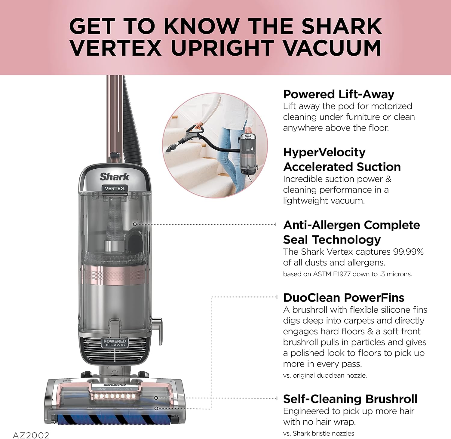 Shark AZ2002 Vertex Powered Lift-Away Upright Vacuum with DuoClean PowerFins, Self-Cleaning Brushroll, Large Dust Cup, Pet Crevice Tool, Dusting Brush & Power Brush, Silver/Rose Gold image 6