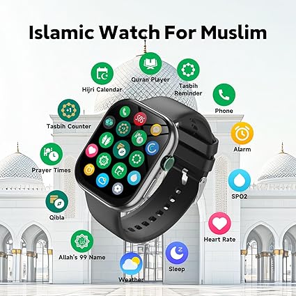 Islamic Quran Watch for Muslim Men, 2.02" KDN Certification Azan Watch with 114 Full Quran Recitation, Prayer Times Reminders, Daily Azkar, Hijri Calendar, Bluetooth Call, IP68 image 2