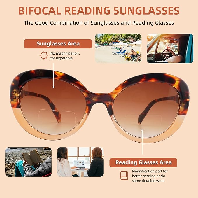 2 Pack Bifocal Reading Sunglasses for Women,Fashion Round Bifocus Sun Readers UV400 image 5