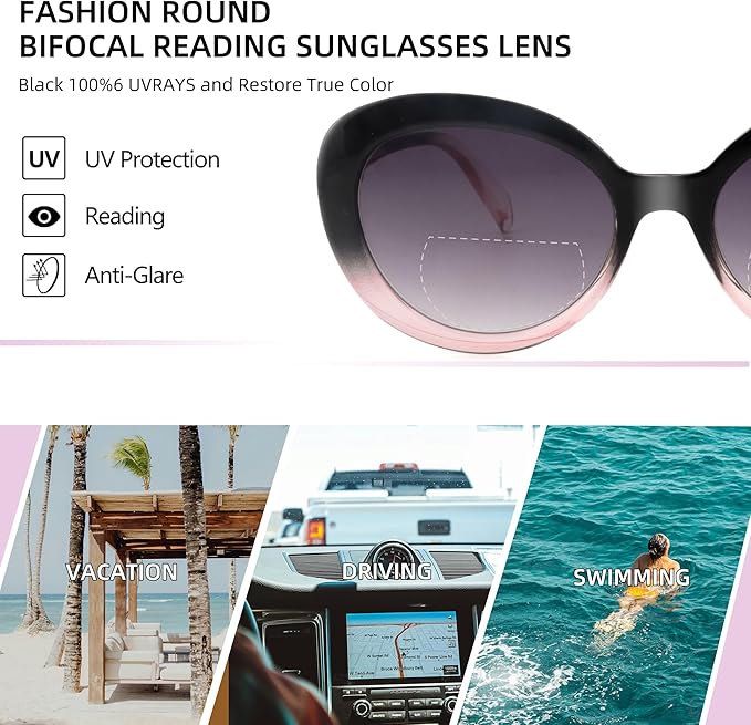 2 Pack Bifocal Reading Sunglasses for Women,Fashion Round Bifocus Sun Readers UV400 image 6
