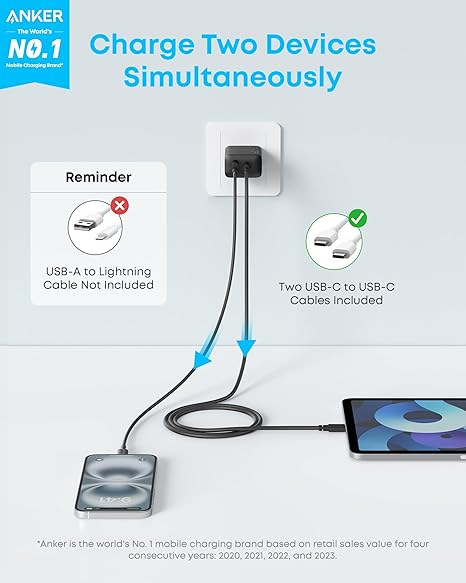 Anker iPhone 16 Charger, 2-Pack 20W Fast USB C Charger Block, for iPhone 16/16 Pro Max/15 Series/iPad Pro and More (Black, 2 Pack & 2 Cable) image 2