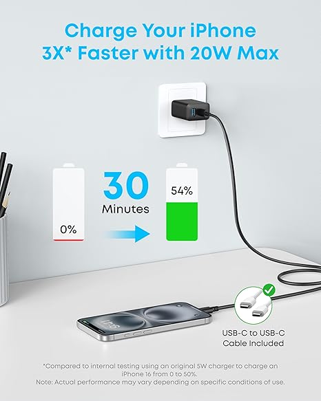 Anker iPhone 16 Charger, 2-Pack 20W Fast USB C Charger Block, for iPhone 16/16 Pro Max/15 Series/iPad Pro and More (Black, 2 Pack & 2 Cable) image 4