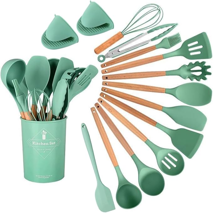 15-Piece Silicone Wooden Handle Kitchen Utensils Set, Cooking Tools with Holder, Kitchen Gadgets for Non-Stick Cookware image 1