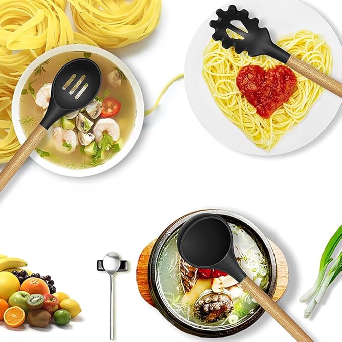 15-Piece Silicone Wooden Handle Kitchen Utensils Set, Cooking Tools with Holder, Kitchen Gadgets for Non-Stick Cookware image 2