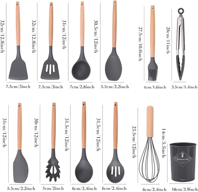 15-Piece Silicone Wooden Handle Kitchen Utensils Set, Cooking Tools with Holder, Kitchen Gadgets for Non-Stick Cookware image 3