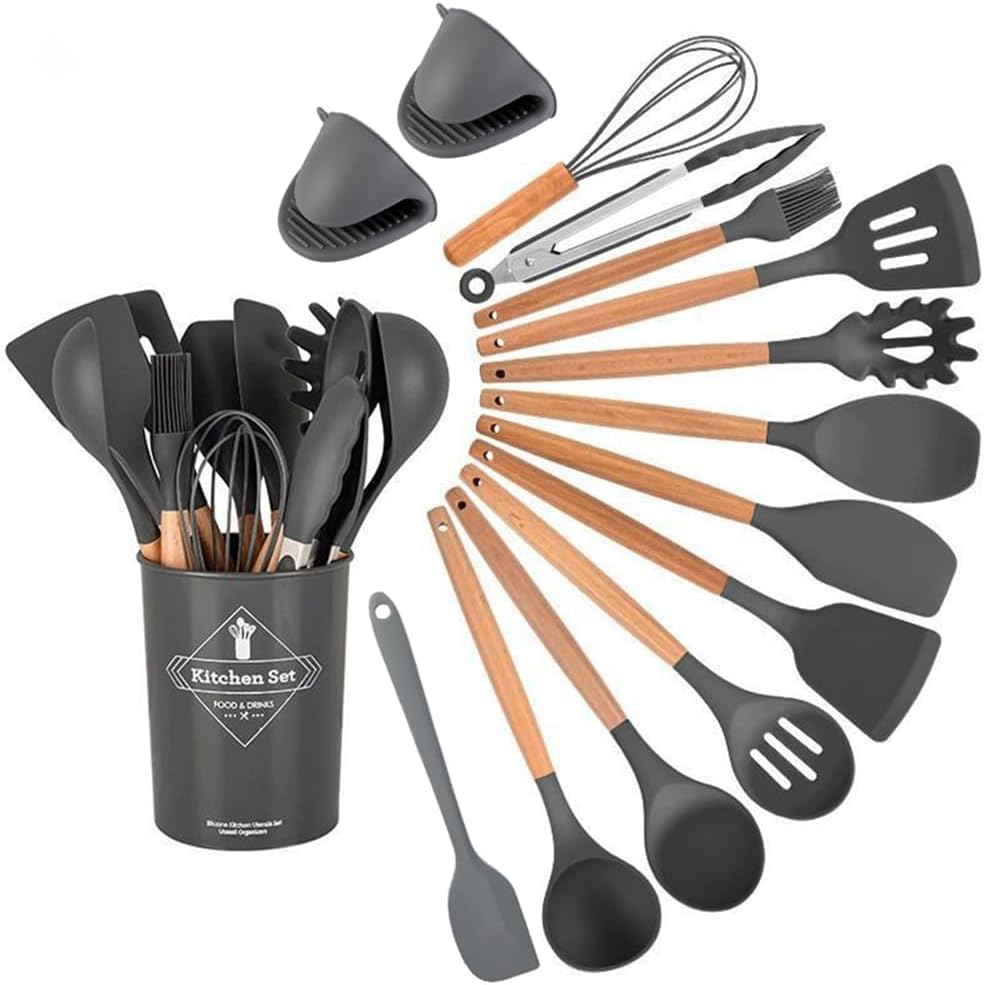 15-Piece Silicone Wooden Handle Kitchen Utensils Set, Cooking Tools with Holder, Kitchen Gadgets for Non-Stick Cookware image 9