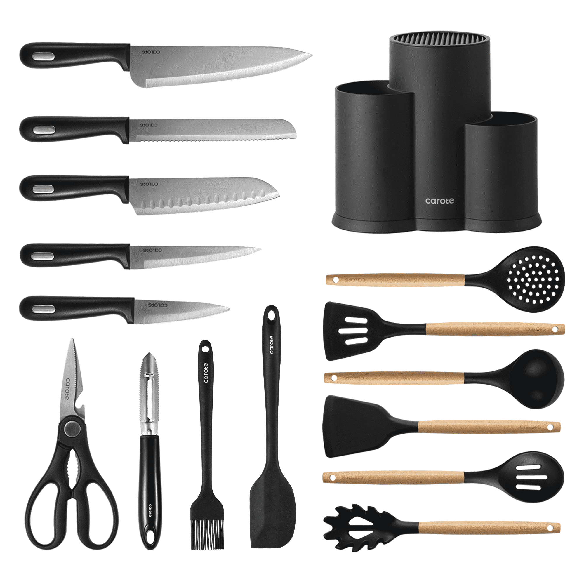 Carote 16Pcs Kitchen Knife Set with Cooking Utensil Set and Gadgets, Stainless Steel Blade, Black image 2