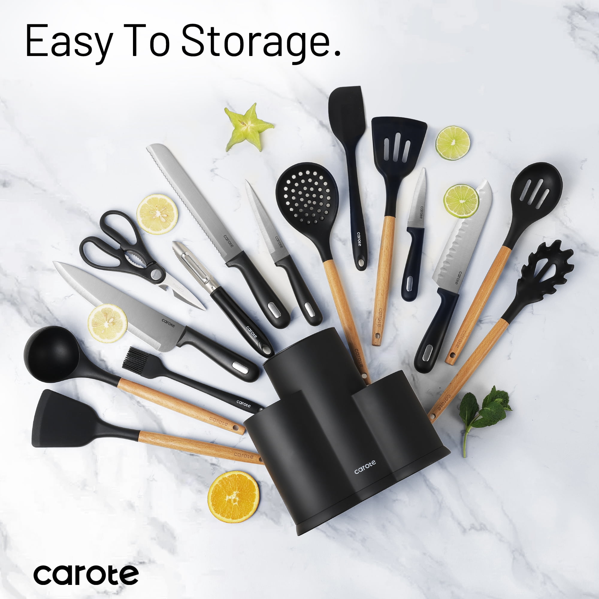 Carote 16Pcs Kitchen Knife Set with Cooking Utensil Set and Gadgets, Stainless Steel Blade, Black image 4