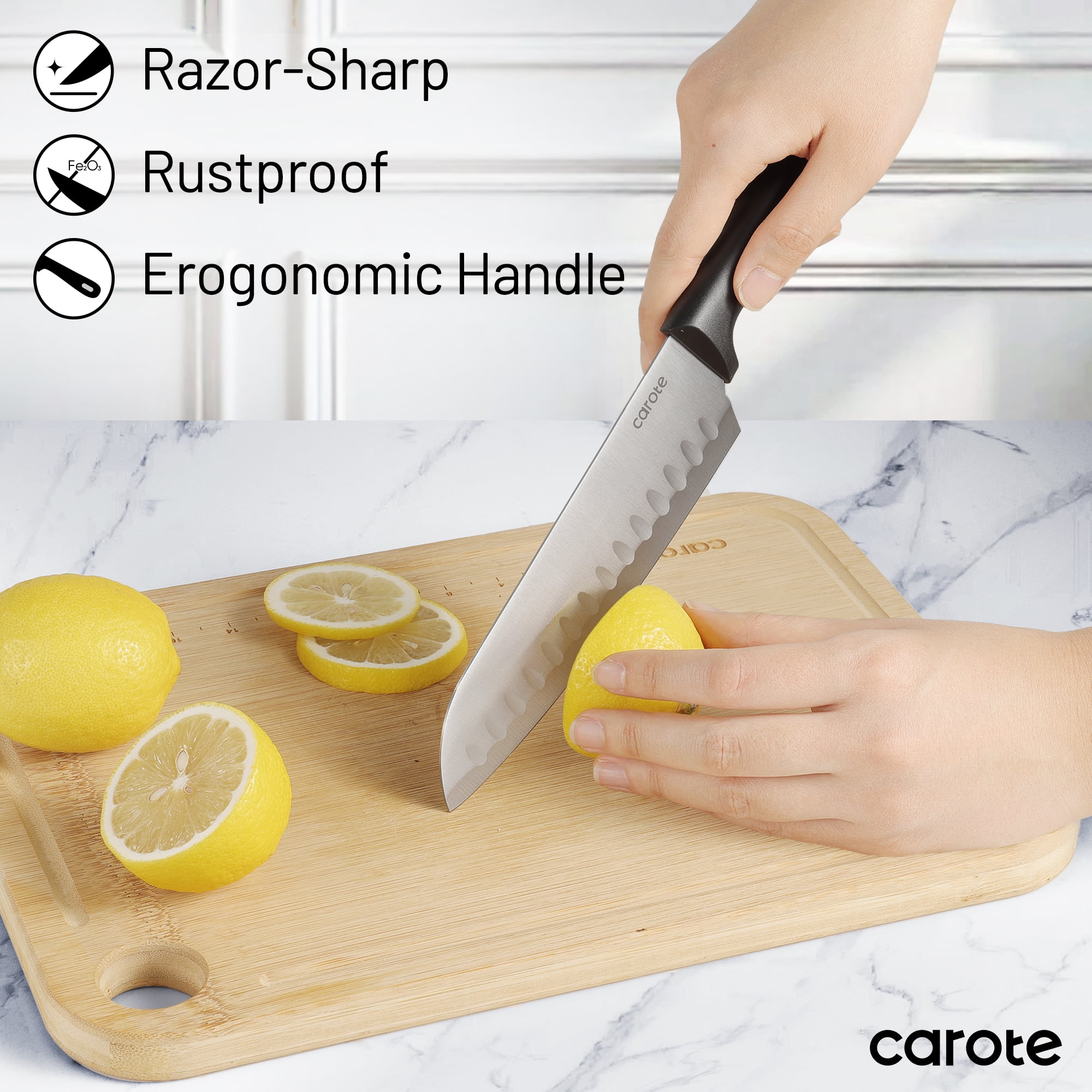 Carote 16Pcs Kitchen Knife Set with Cooking Utensil Set and Gadgets, Stainless Steel Blade, Black image 6