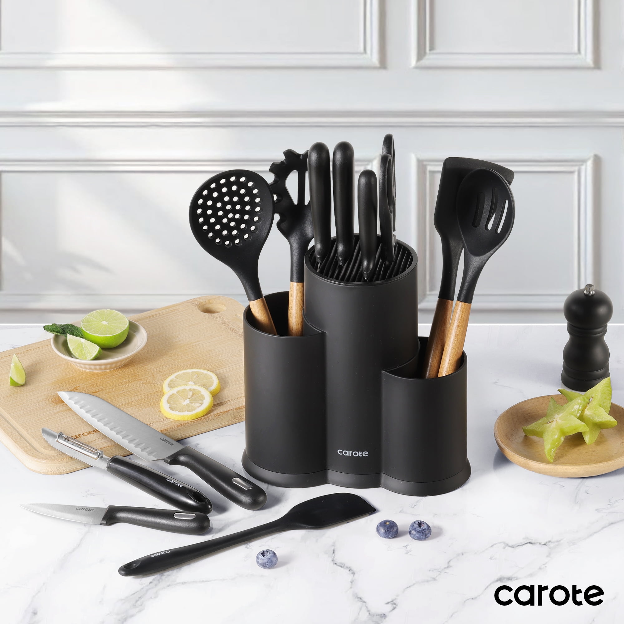 Carote 16Pcs Kitchen Knife Set with Cooking Utensil Set and Gadgets, Stainless Steel Blade, Black image 7