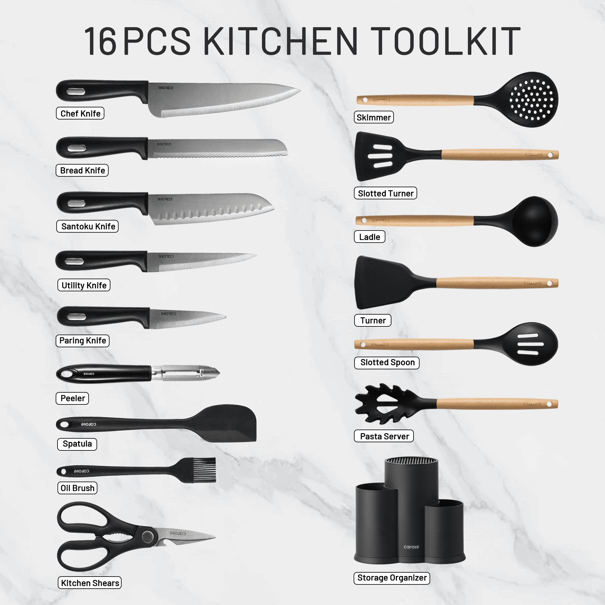 Carote 16Pcs Kitchen Knife Set with Cooking Utensil Set and Gadgets, Stainless Steel Blade, Black image 8