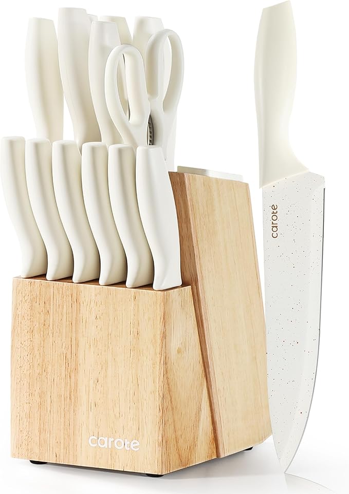 CAROTE 15Piece Knife Set, Kitchen Knife Block Set, Elegant White Ceramic-Coated Blades with Stylish Wooden Block for Modern Culinary Excellence image 1