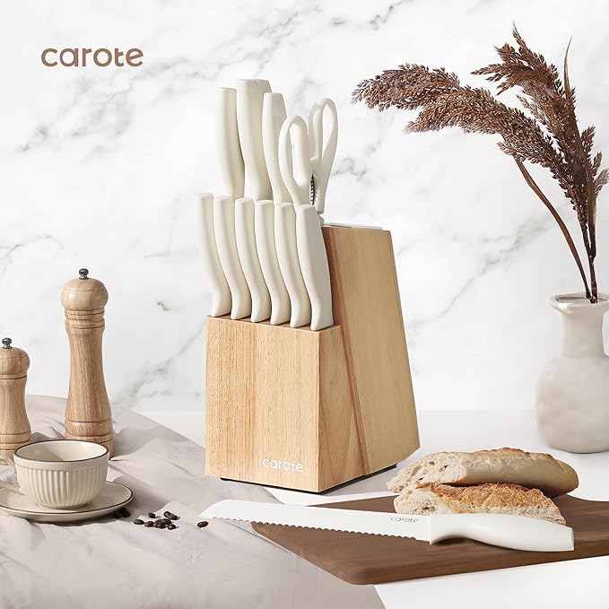 CAROTE 15Piece Knife Set, Kitchen Knife Block Set, Elegant White Ceramic-Coated Blades with Stylish Wooden Block for Modern Culinary Excellence image 3