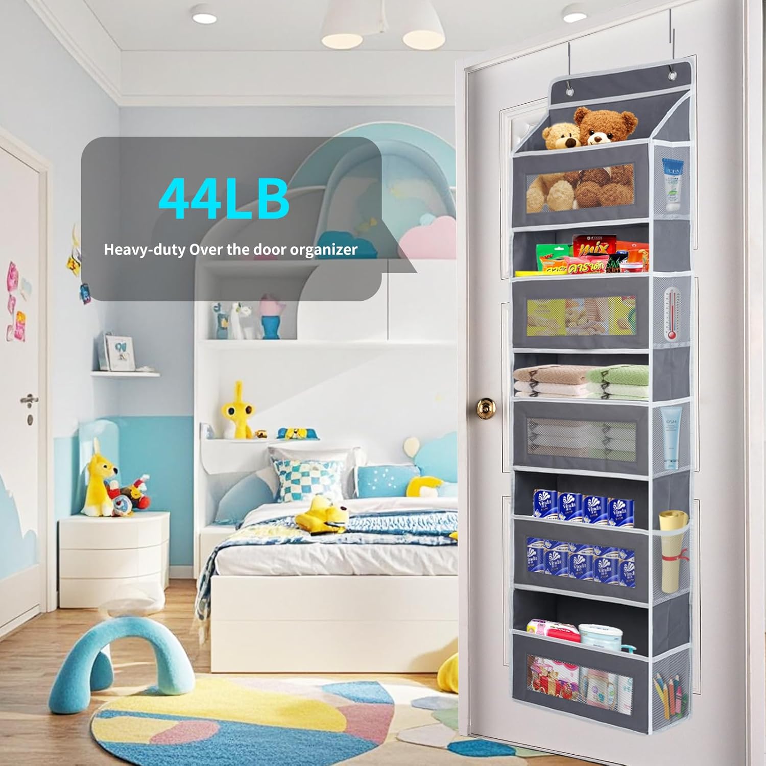 Over the door organizer, Bathroom Organizers and Storage 5 Shelf Hanging with 10 Mesh Side Pockets, Stuffed Animal Storage for Pantry Laundry Bathroom Nursery Closet Baby Essential image 6