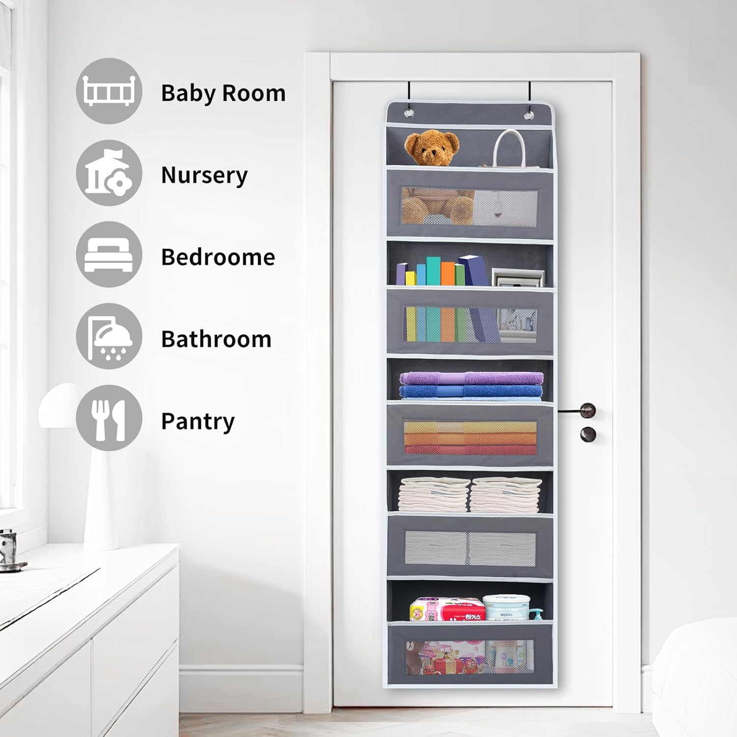 Over the door organizer, Bathroom Organizers and Storage 5 Shelf Hanging with 10 Mesh Side Pockets, Stuffed Animal Storage for Pantry Laundry Bathroom Nursery Closet Baby Essential image 7