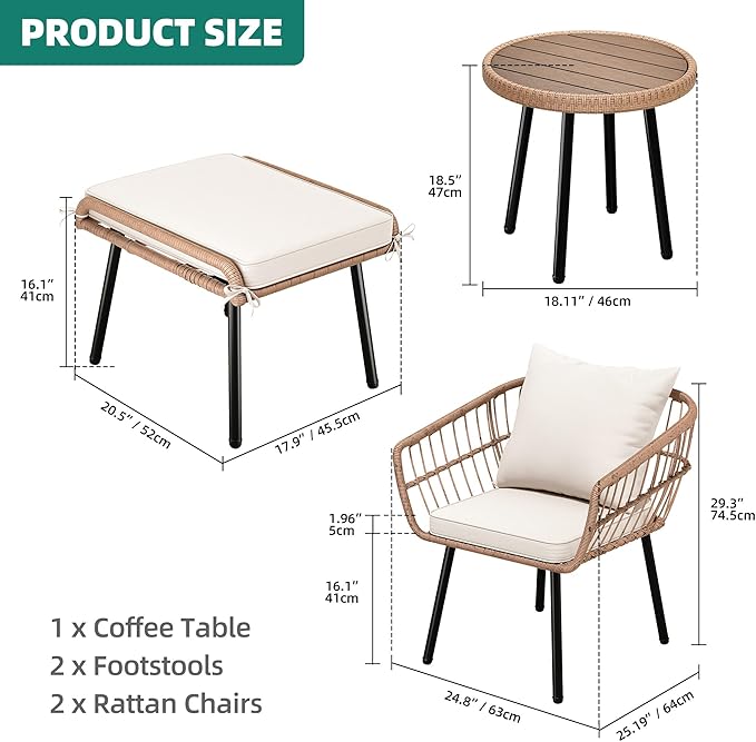 YITAHOME 5-Piece Outdoor Wicker Furniture Set, All-Weather Patio Bistro Set with Footrest, Small Patio Conversation Set for Balcony Outside, Outdoor Chairs with Ottomans and Coffee Table image 3