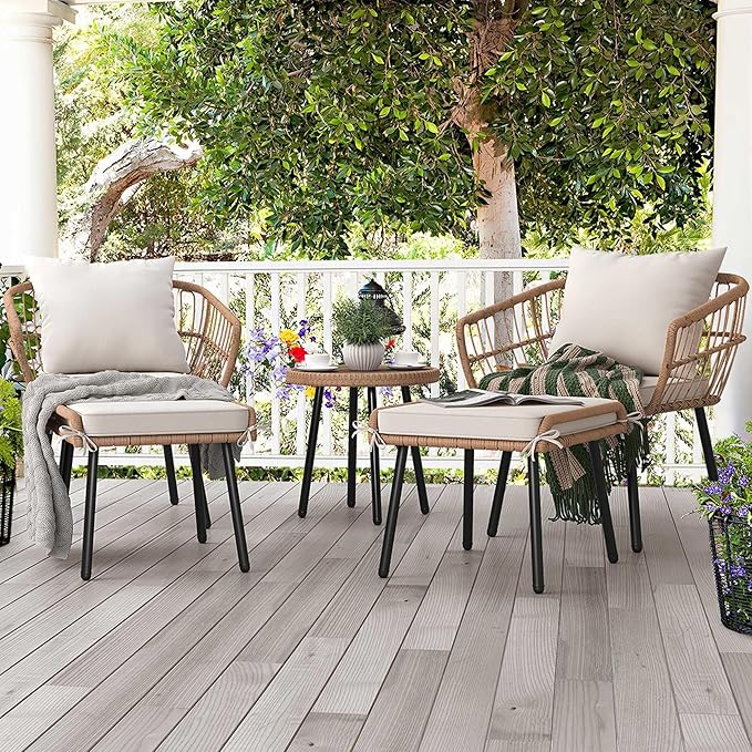 YITAHOME 5-Piece Outdoor Wicker Furniture Set, All-Weather Patio Bistro Set with Footrest, Small Patio Conversation Set for Balcony Outside, Outdoor Chairs with Ottomans and Coffee Table image 6