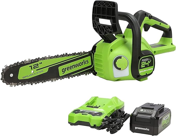 Greenworks 24V 12" Brushless Cordless Compact Chainsaw (Great For Storm Clean-Up, Pruning, and Firewood / 125+ Compatible Tools), 4.0Ah Battery and Charger Included image 1