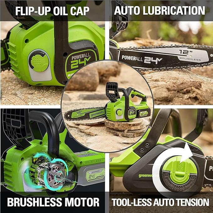 Greenworks 24V 12" Brushless Cordless Compact Chainsaw (Great For Storm Clean-Up, Pruning, and Firewood / 125+ Compatible Tools), 4.0Ah Battery and Charger Included image 3