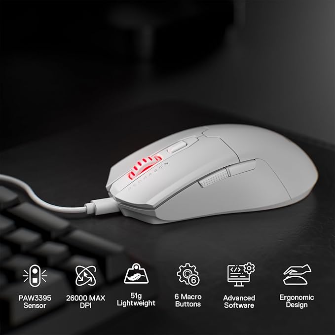 Redragon M995 Wired Gaming Mouse, 26000 DPI Optical Gamer Mouse with 6 Programmable Buttons & 5 Backlit Modes, 51G Ultra Lightweight, Software Supports DIY Keybinds, White image 2