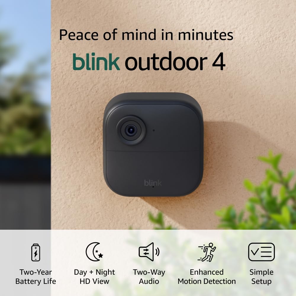 Blink Outdoor 4 (newest model), Wireless smart security camera, two-year battery, 1080p HD day and infrared night live view, two-way talk – 3 camera system image 1