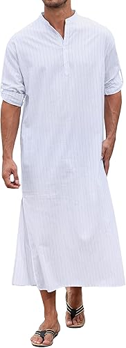 TURETRENDY Men's Long Sleeve Kaftan Thobe Button Down Henley Robe Casual Side Split Gown Shirt with Pocket image 1