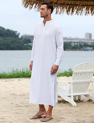 TURETRENDY Men's Long Sleeve Kaftan Thobe Button Down Henley Robe Casual Side Split Gown Shirt with Pocket image 2