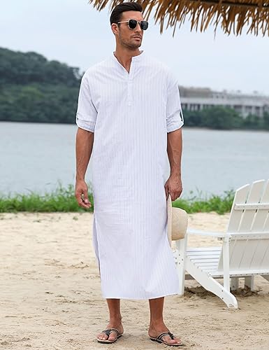 TURETRENDY Men's Long Sleeve Kaftan Thobe Button Down Henley Robe Casual Side Split Gown Shirt with Pocket image 3