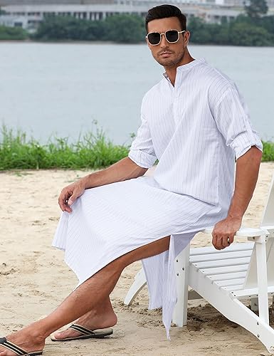 TURETRENDY Men's Long Sleeve Kaftan Thobe Button Down Henley Robe Casual Side Split Gown Shirt with Pocket image 4