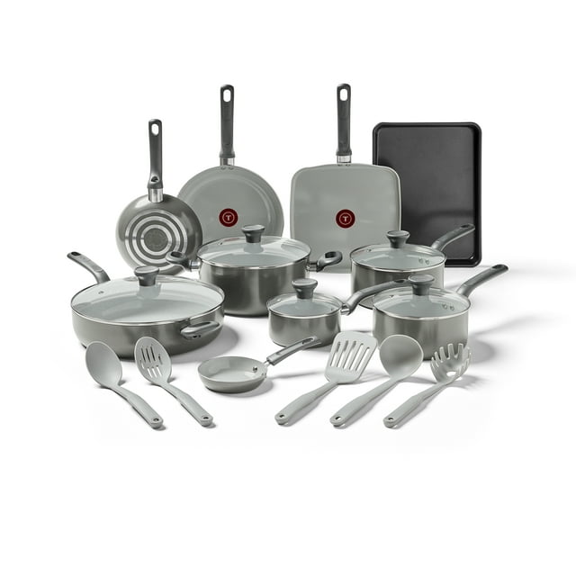 T-fal Easy Care Ceramic, 20 Piece Pots and Pans Cookware Set, Stone Grey image 1