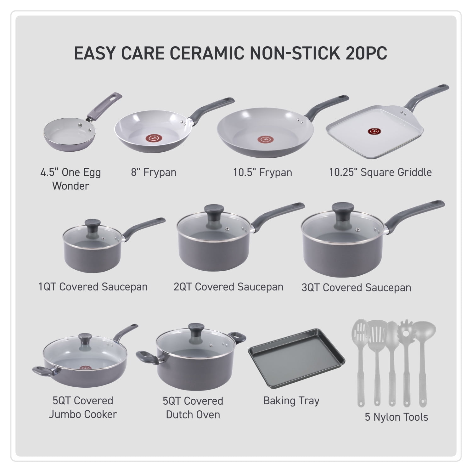 T-fal Easy Care Ceramic, 20 Piece Pots and Pans Cookware Set, Stone Grey image 2