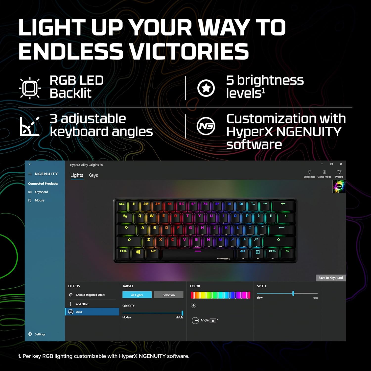 HyperX Alloy Origins 60 - Mechanical Gaming Keyboard - Ultra Compact 60% Form Factor - Tactile Aqua Switch - Double Shot PBT Keycaps - RGB LED Backlit - NGENUITY Software Compatible,Black image 6