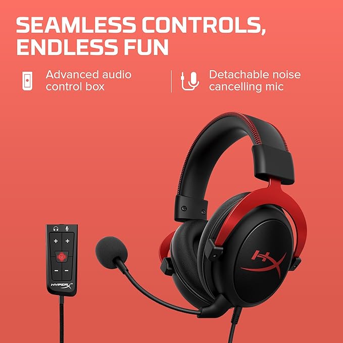 HyperX Cloud II - Gaming Headset, 7.1 Surround Sound, Memory Foam Ear Pads, Durable Aluminum Frame, Detachable Microphone, Works with PC, PS5, PS4, Xbox Series X|S, Xbox One – Red image 4