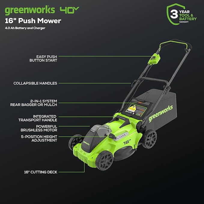 Greenworks 40V 16" Brushless Cordless (Push) Lawn Mower (75+ Compatible Tools), 4.0Ah Battery and Charger Included image 2
