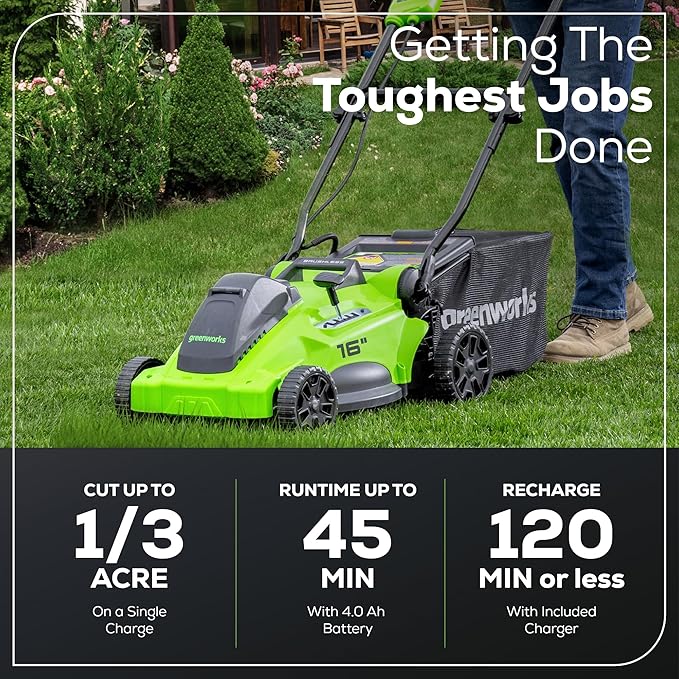 Greenworks 40V 16" Brushless Cordless (Push) Lawn Mower (75+ Compatible Tools), 4.0Ah Battery and Charger Included image 3