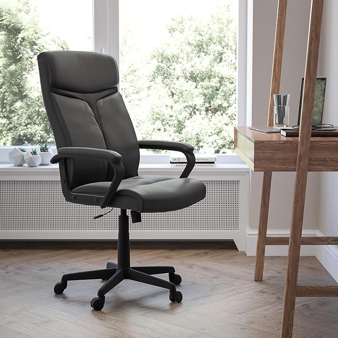 Flash Furniture Raya High Back Black LeatherSoft Executive Swivel Office Chair with Slight Mesh Accent and Arms image 2