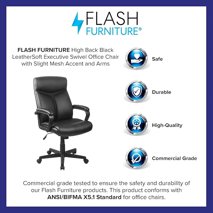 Flash Furniture Raya High Back Black LeatherSoft Executive Swivel Office Chair with Slight Mesh Accent and Arms image 3