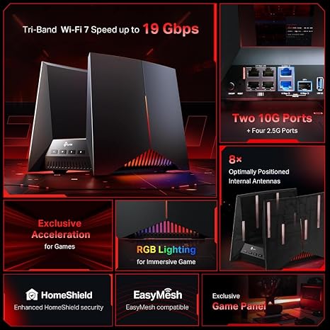 TP-Link Tri-Band BE19000 Wi-Fi 7 Gaming Router Archer GE800 | 12-Stream 19 Gbps | 2×10G + 4×2.5G Ports, USB 3.0 | Turbo Acceleration, Dedicated Gaming Port & Panel, RGB Lighting | EasyMesh, HomeShield image 2
