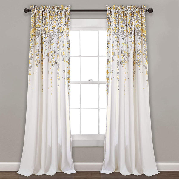 Weeping Flowers Room Darkening Curtain Panel Pair - 84 Inches Long - Yellow/Grey image 1