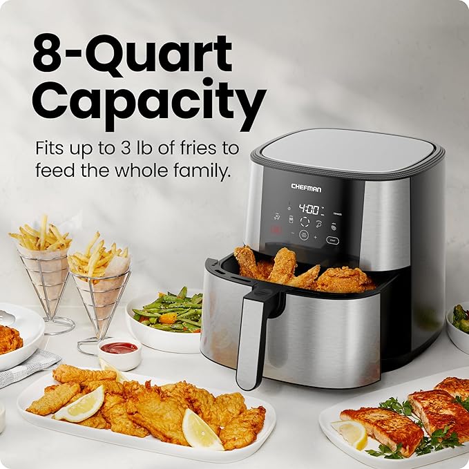 Chefman TurboFry® Touch Air Fryer, XL 8-Qt Family Size, One-Touch Digital Control Presets, French Fries, Chicken, Meat, Fish, Nonstick Dishwasher-Safe Parts, Automatic Shutoff, Stainless Steel image 2