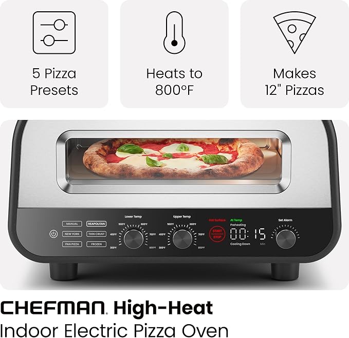 CHEFMAN Indoor Pizza Oven - Makes 12 Inch Pizzas in Minutes, Heats up to 800°F - Countertop Electric Pizza Maker with 5 Touchscreen Presets, Pizza Stone and Peel Included - Stainless Steel image 2