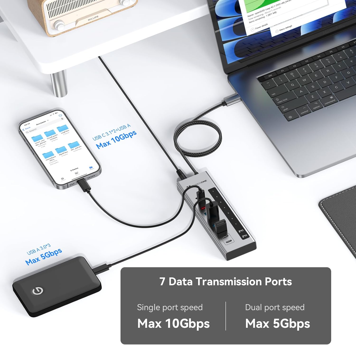 TobenONE Powered USB C Hub, 11-in-1 10Gbps USB C Splitter with 5 USB-A and 5 USB-C, 72W Adapter, 100W PD-IN, 45W USB C Charging Port, USB C Expander for Laptop/PC, MacBook, iPad,Phone(Not for Monitor) image 3
