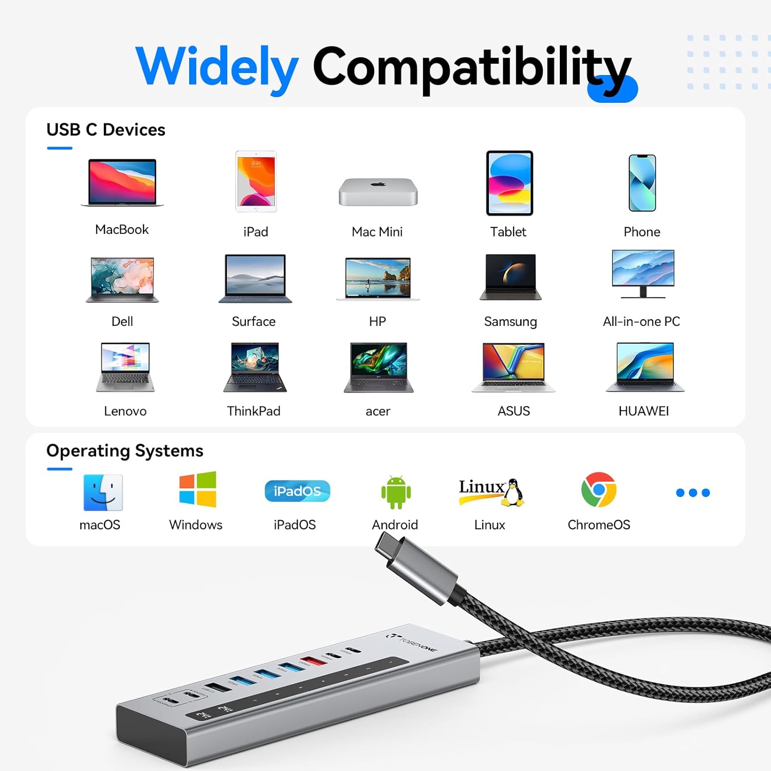TobenONE Powered USB C Hub, 11-in-1 10Gbps USB C Splitter with 5 USB-A and 5 USB-C, 72W Adapter, 100W PD-IN, 45W USB C Charging Port, USB C Expander for Laptop/PC, MacBook, iPad,Phone(Not for Monitor) image 7