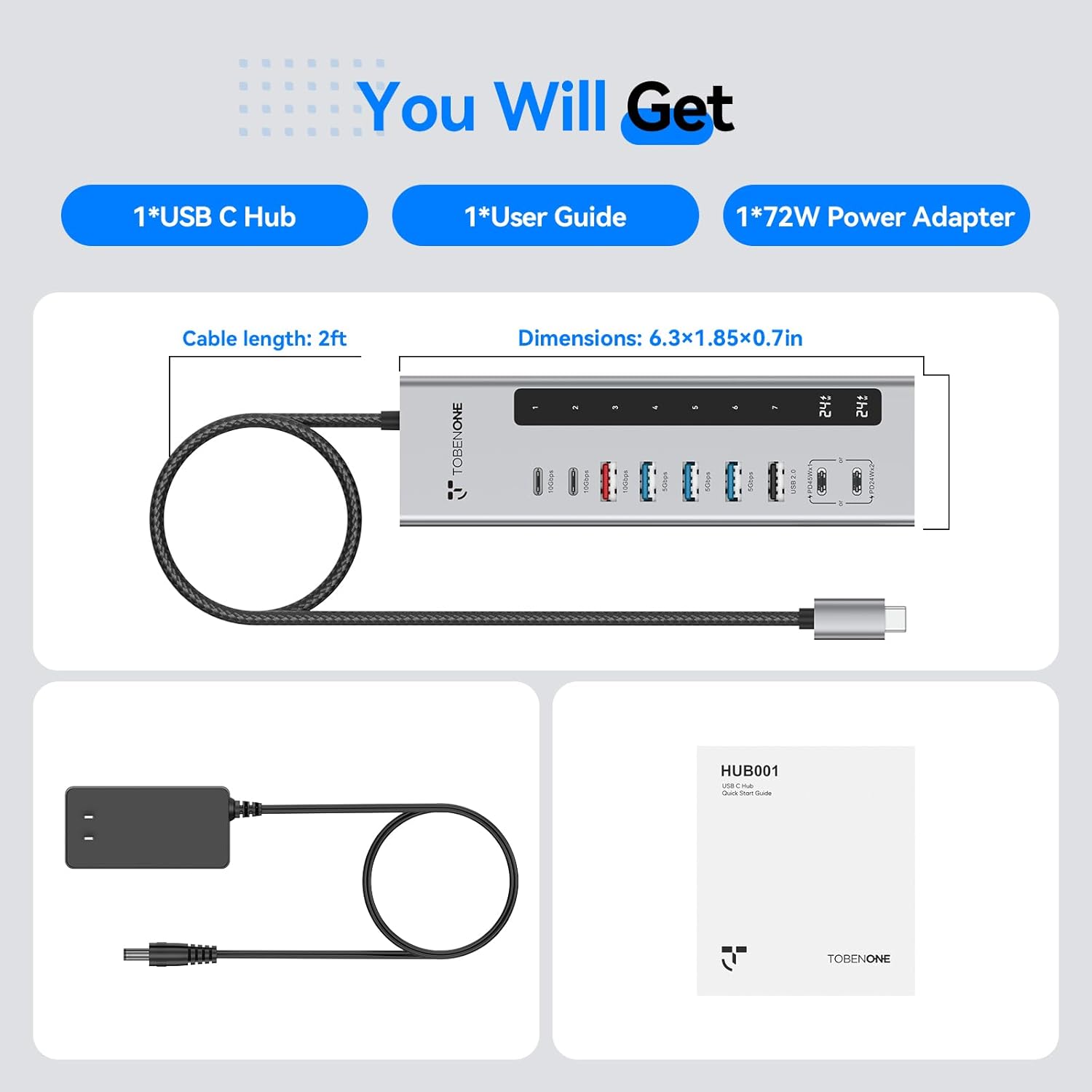 TobenONE Powered USB C Hub, 11-in-1 10Gbps USB C Splitter with 5 USB-A and 5 USB-C, 72W Adapter, 100W PD-IN, 45W USB C Charging Port, USB C Expander for Laptop/PC, MacBook, iPad,Phone(Not for Monitor) image 9